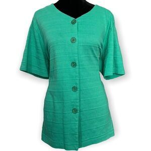 Vintage NIKKI Green Button Down Blouse Size Large Modest Casual Minimalist Top